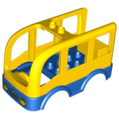 yellow duplo car body bus small 2 studs on top with blue floor and wheel wells headlights and grille pattern
