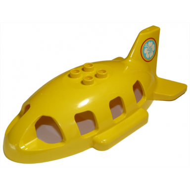 yellow duplo airplane midsize fuselage top with tail with flower in red circle pattern