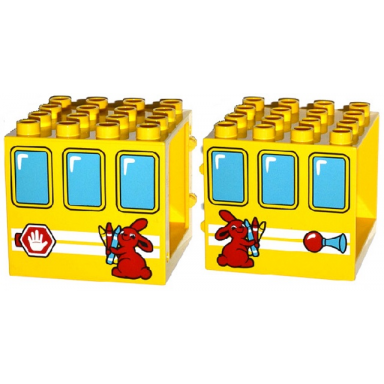 duplo door window frame 4 x 4 x 3 thin top with windows bunny rabbit holding crayons stop sign and horn pattern on both sides