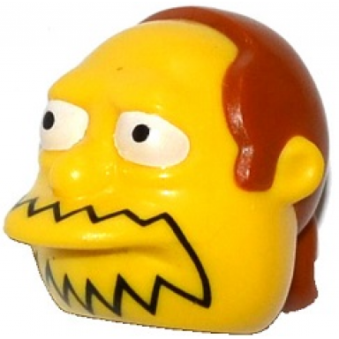 yellow minifigure head modified simpsons comic book guy with black mouth line and dark orange hair pattern