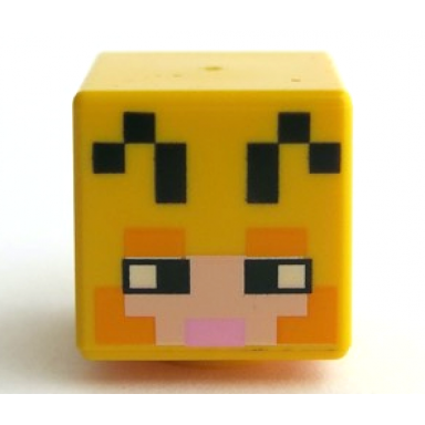 yellow minifigure head modified cube with pixelated light nougat face black eyes and antennae bright pink mouth and bright light orange eyebrows and cheeks pattern minecraft beekeeper