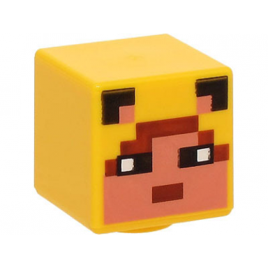 yellow minifigure head modified cube with pixelated nougat face black eyes and ears and reddish brown hair and mouth pattern minecraft ocelot skin