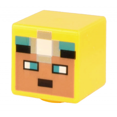 yellow minifigure head modified cube with pixelated medium nougat face dark turquoise eyes silver headlamp pattern minecraft cave explorer