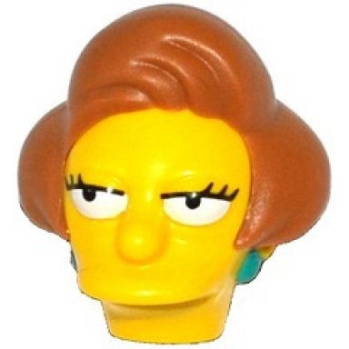 yellow minifigure head modified simpsons edna krabappel with dark turquoise earrings and medium nougat hair pattern