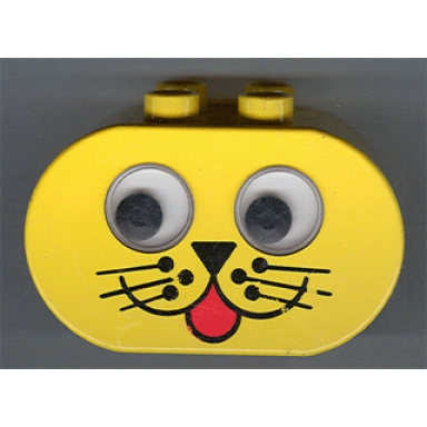 yellow duplo brick 2 x 4 x 2 rounded ends rattling eyes with red tongue and black nose and whiskers pattern
