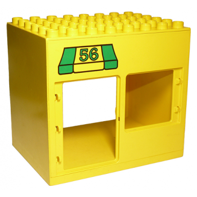 yellow duplo building 6 x 8 x 6 with front door and window and rear double door openings with 56 awning pattern