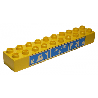 yellow duplo brick 2 x 10 with legoville train and airport pattern
