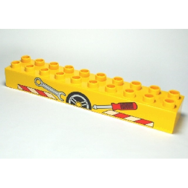 yellow duplo brick 2 x 10 with tools and red and white stripes pattern