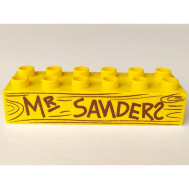 yellow duplo brick 2 x 6 with mr sanders and wood grain pattern