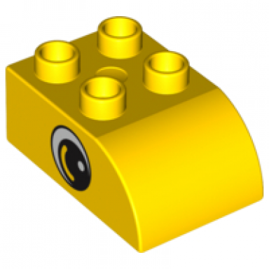 yellow duplo brick 2 x 3 slope curved with circled black eye with arc and white pupil pattern on both sides