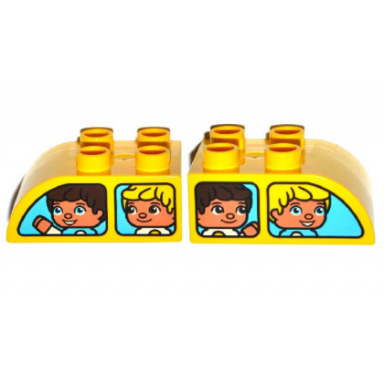 yellow duplo brick 2 x 3 slope curved with medium azure vehicle windows with boys pattern