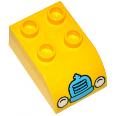 yellow duplo brick 2 x 3 slope curved with white headlights and medium azure bunny grille pattern