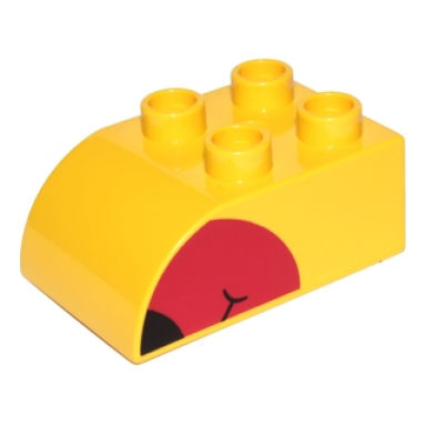 yellow duplo brick 2 x 3 slope curved with red beak with black tip pattern on both sides