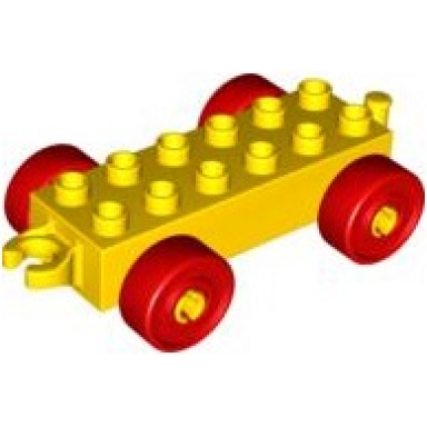 yellow duplo car base 2 x 6 with open hitch end and red wheels