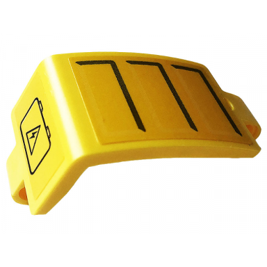 yellow technic panel curved 3 x 5 x 3 with gray lines and battery with electricity danger sign pattern model left side sticker - set 42108