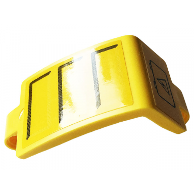 yellow technic panel curved 3 x 5 x 3 with gray lines and battery with electricity danger sign pattern model right side sticker - set 42108