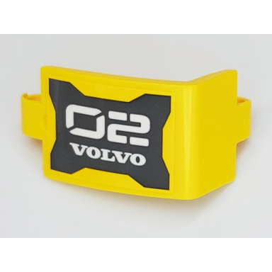 yellow technic panel curved 3 x 5 x 3 with white 02 volvo on black background pattern sticker - set 42081