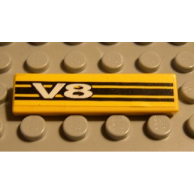 yellow tile 1 x 4 with v8 and black stripes pattern sticker - set 8880