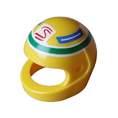 yellow minifigure headgear helmet motorcycle standard with red and white senna logo and blue panels in green circle pattern