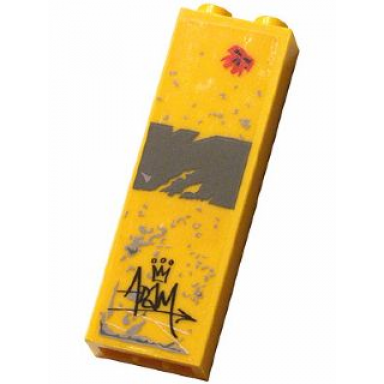 yellow brick 1 x 2 x 5 with red skull dark bluish gray stripe crown with adam graffiti and wear marks pattern sticker - set 5972