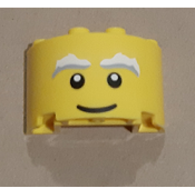 yellow cylinder half 2 x 4 x 2 with 1 x 2 cutout with white eyebrows black eyes and smile pattern santa face