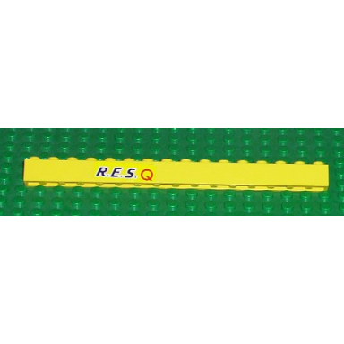 yellow brick 1 x 16 with black r.e.s and red q on yellow background pattern sticker - set 6451