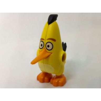 yellow body angry birds chuck with fixed flexible rubber orange beak and black hair and tail feathers and printed dark orange eyebrows white eyes tan stomach and orange feet pattern