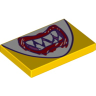 yellow tile 2 x 3 with drawing of mouth with sharp teeth and red scribbled lips on white background pattern super mario bowser jr bandana