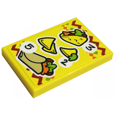 yellow tile 2 x 3 with menu number 2 3 and 5 taco corn chips and burrito pattern sticker - set 41701
