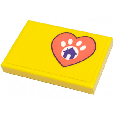 yellow tile 2 x 3 with coral heart dark purple house and white paw print pattern model left side sticker - set 41699