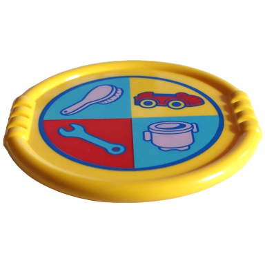 yellow duplo utensil disk with blue circle lavender brush and kettle red car and medium azure wrench in quarter circles pattern