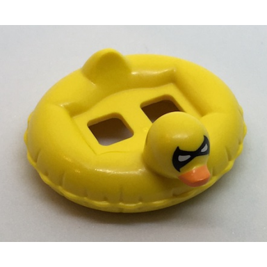 yellow minifigure swim ring floatie duck inflatable with black batman mask and orange bill pattern