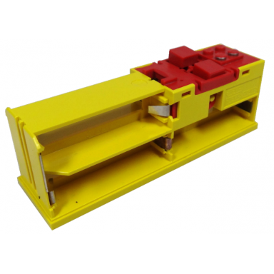 yellow electric 9v battery box 4 x 14 x 4 base with red buttons and contact plate
