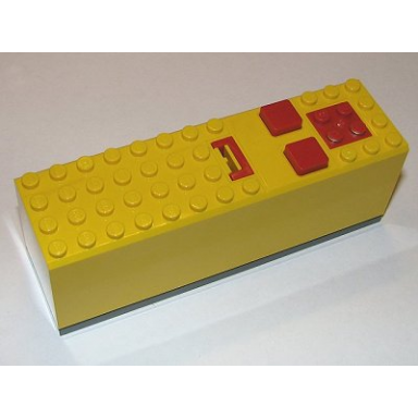 yellow electric 9v battery box 4 x 14 x 4 with red buttons and contact plate with dark bluish gray base 2846 2847c00