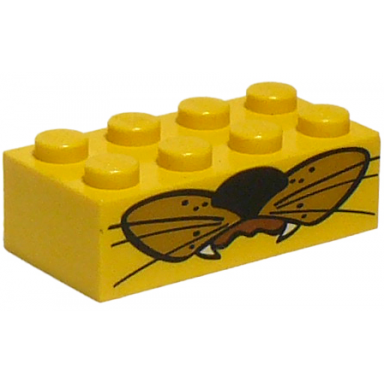 yellow brick 2 x 4 with animal upper jaw with black nose and whiskers white fangs pattern