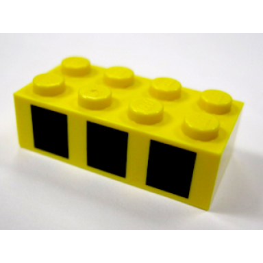 yellow brick 2 x 4 with 3 black squares pattern