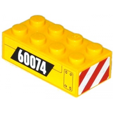yellow brick 2 x 4 with 60074 and hatch and red and white danger stripes on end pattern left stickers - set 60074
