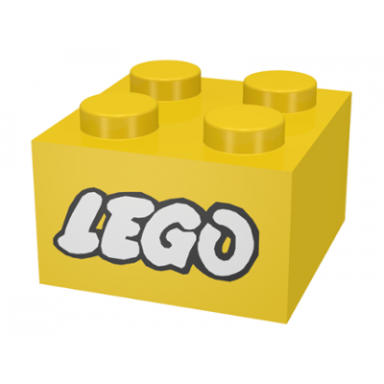 yellow brick 2 x 2 with lego logo open o style white with black outline pattern
