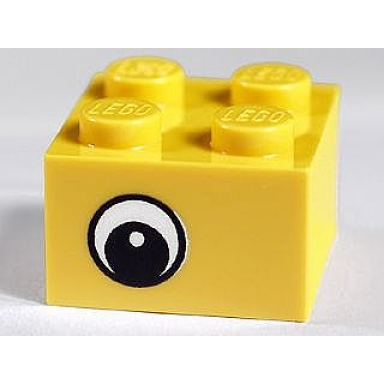 yellow brick 2 x 2 with black eye offset with pupil with white pattern on opposite sides