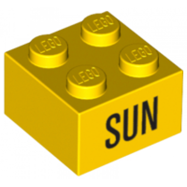yellow brick 2 x 2 with black sun pattern