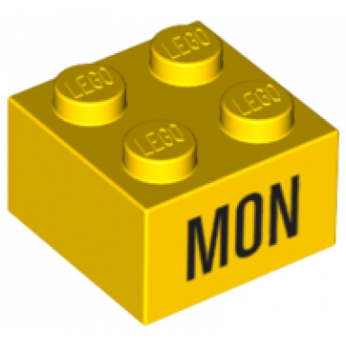 yellow brick 2 x 2 with black mon pattern