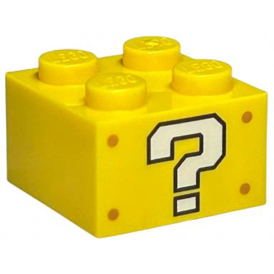 yellow brick 2 x 2 with white question mark and medium nougat rivets pattern on opposite sides super mario ? block