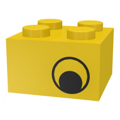 yellow brick 2 x 2 with black eye offset without white pattern on opposite sides