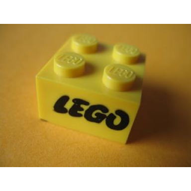 yellow brick 2 x 2 with lego logo open o style black pattern samsonite