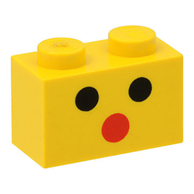 yellow brick 1 x 2 with black dot eyes and red dot mouth face pattern