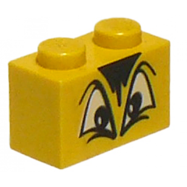 yellow brick 1 x 2 with black and white angry eyes and black hair pattern
