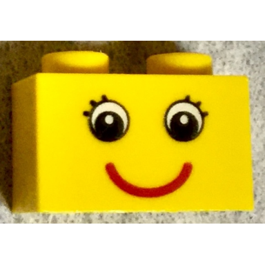 yellow brick 1 x 2 with eyes with eyelashes and red smile pattern