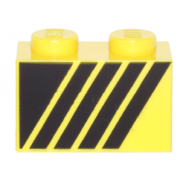 yellow brick 1 x 2 with black triangle and 4 stripes leaning right pattern