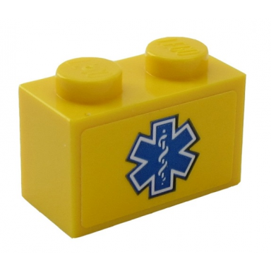 yellow brick 1 x 2 with blue and white emt star of life pattern sticker - set 60203