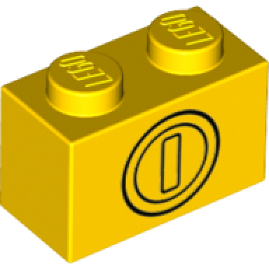 yellow brick 1 x 2 with black coin pattern